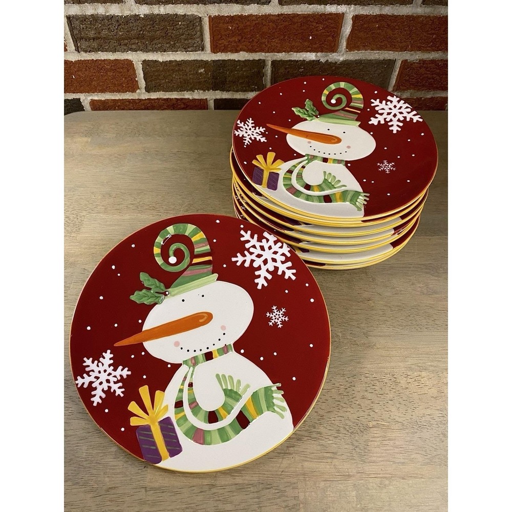 NWT Pier 1 Imports‎ (4) Jolly Holiday SNOWMAN Luncheon/Dessert Plate 9" Round